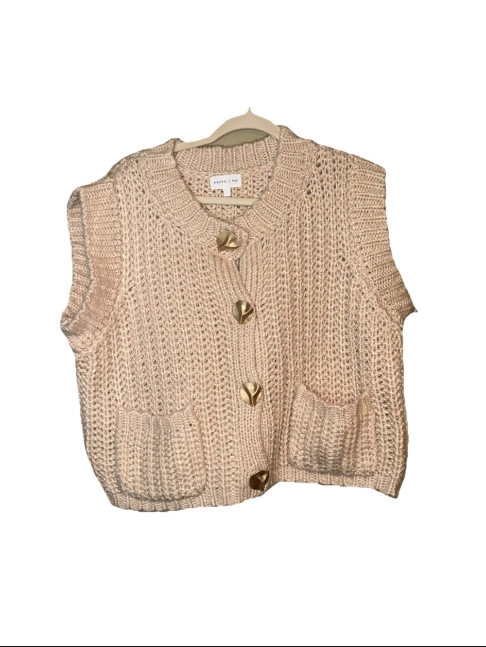Entro Cream Chunky Knit Sweater Vest Gold Buttons Women’s Large